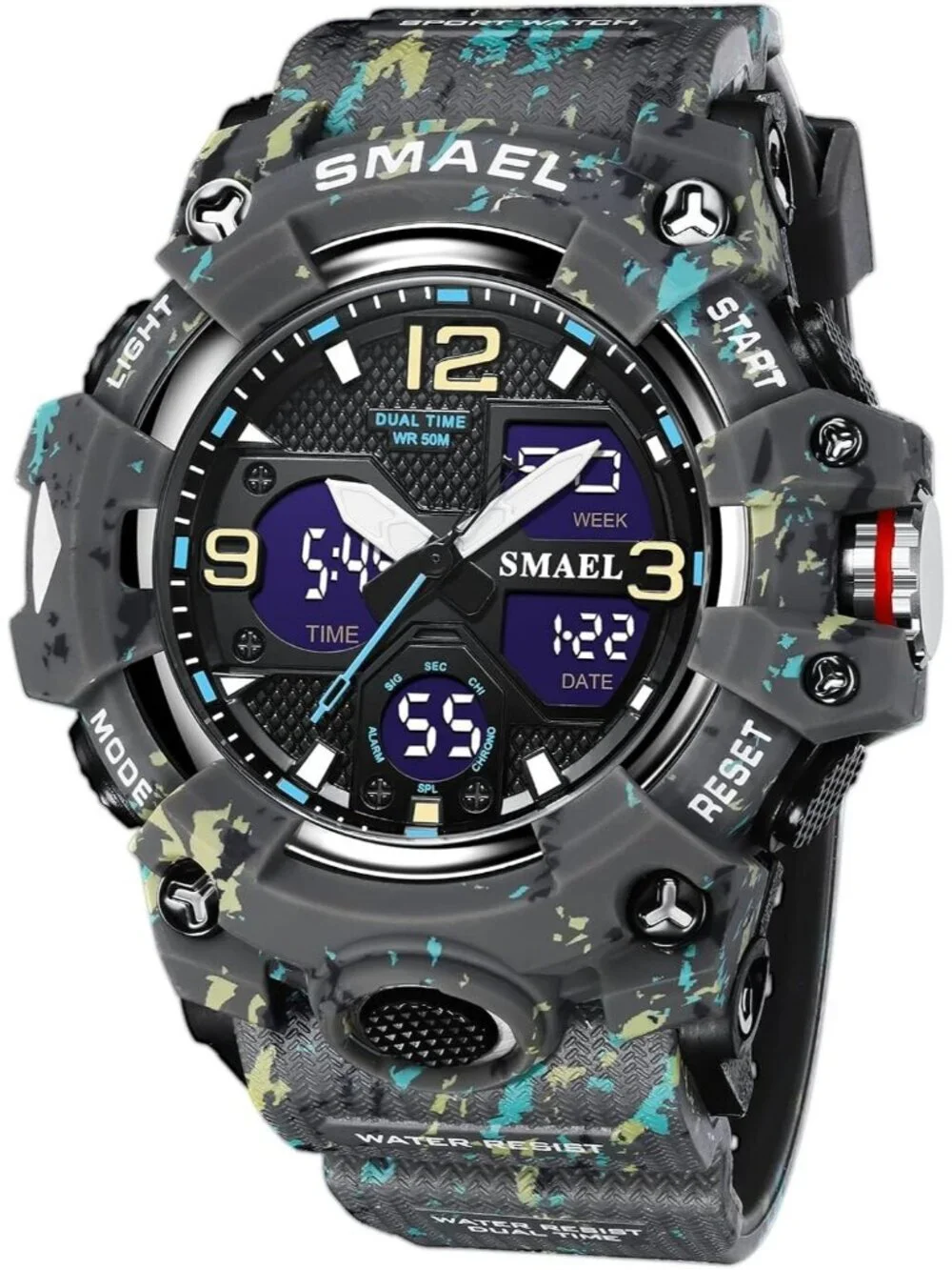 Mens Camo Grey Analog Quartz S-Shock Waterproof Outdoor Sports LED Digital Watch